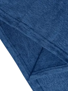 Close-up detail of the durable double-stitched hem and fabric texture on a navy Henley shirt.