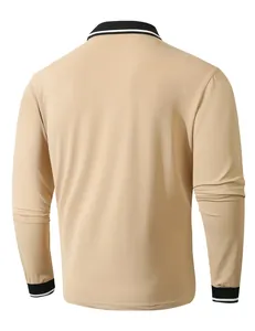 Back view of men's long-sleeve polo shirt in beige with striped collar and cuffs
