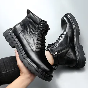 Bottes Martin en Cuir de Vachette de Première Couche pour Hommes Style de Travail Vintage Cuir Véritable Chaudes Bottes d'Hiver