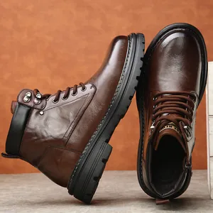 Bottes Martin d'hiver en cuir de vachette pour hommes style workwear montant chaud