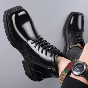 Winter genuine black leather Martin boots for men with thick soles and side zippers