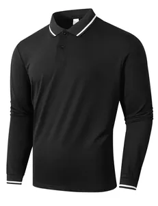 Black long-sleeve polo shirt for men with white striped collar and cuffs detail