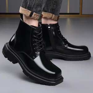 Men's stylish black genuine leather Martin boots with side zipper and thick platform sole