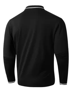 Back view of men's black long-sleeve polo shirt with white stripe ribbed collar and cuffs.