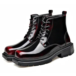 Stylish black and red gradient leather Martin boots with platform sole and side zipper
