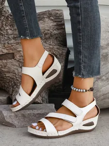 Comfortable white women wedge sandals with velcro straps for casual summer beach wear