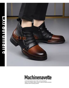 Detailed view of men's retro stitching leather boots with side zipper and buckle