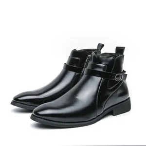 Bottines Chelsea élégantes en cuir noir pour hommes avec fermeture éclair et boucle