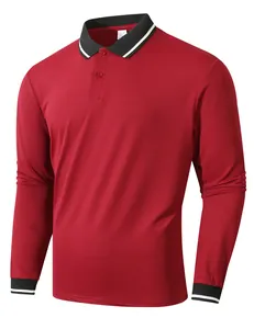 Close-up of men's breathable long sleeve polo shirt with red fabric and striped collar