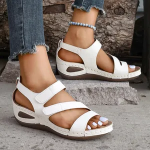 Women's Wedge Sandals Peep Toe Roman Style Casual Beach Shoes With Hook-And-Loop Summer Fashion PU Leather Comfortable Sandals
