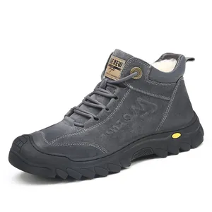 Botas de nieve cálidas de cuero gris para hombre con forro de lana y suela de goma antideslizante