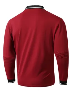 Back view of men's burgundy long sleeve polo shirt with striped collar and cuffs