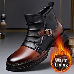 Men's Retro British Style Martin Boots PU Leather Side Zip Warm Fur Lined Chelsea Ankle Boots Non-Slip Motorcycle Boots