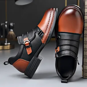 Men's vintage British style two-tone leather boots with side zipper and buckle detail