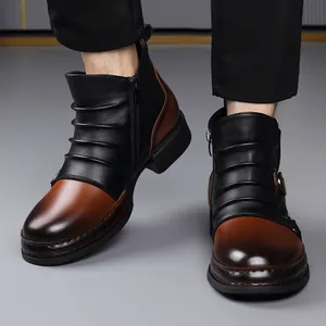 Men's retro British style leather Martin boots with side zipper and two-tone design