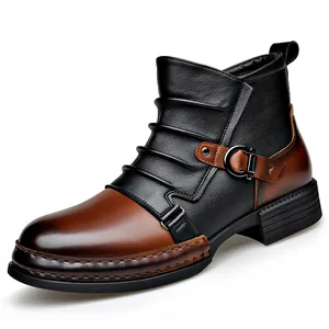 Professional men's vintage black and brown leather Chelsea boots with pleated buckle detail