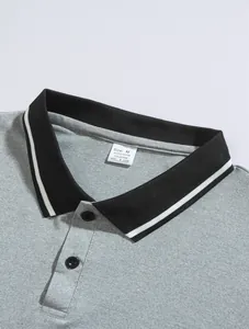 Close-up of men's gray long-sleeve polo shirt collar and material composition label