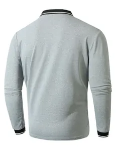 Detailed rear view of men's gray long-sleeved Polo shirt with striped collar and cuffs.
