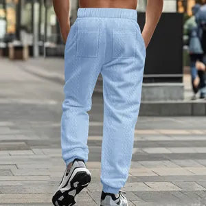 Detail shot of men's light blue knitted jogger pants featuring jacquard texture