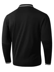 Classic black men's long sleeve breathable polo shirt back view with white striped cuffs