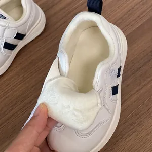 Winter warm toddler shoes with soft white fleece lining and classic navy blue stripes