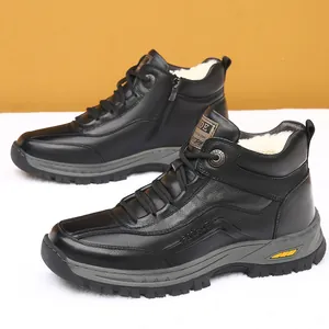 Bottes de neige en cuir pour hommes avec doublure chaude en laine de mouton et semelle antidérapante