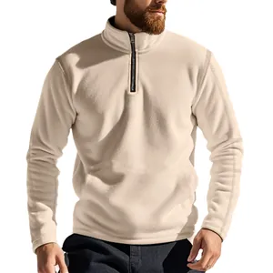Detailweergave heren fleece sweatshirt met opstaande kraag en halve rits crème