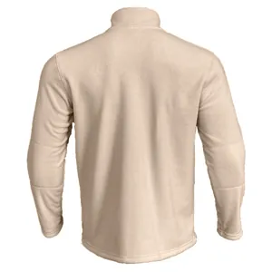 Achteraanzicht van beige heren fleece trui met opstaande kraag en stikseldetails