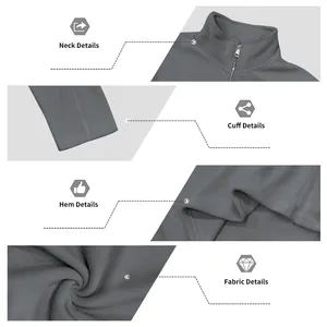 Vistas detalladas del cuello, puños y dobladillo de una sudadera de forro polar para hombre