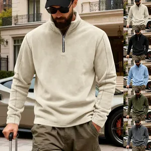 Sudadera de Felpa Pesada para Hombre Con Media Cremallera Vintage Americano Cálido Cuello Alto Exterior Casual Invierno Pullover Top