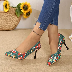 Women's Satin Pointed Toe Stiletto High Heels European Style Christmas Print Rhinestone Platform Pumps Formal Party Shoes