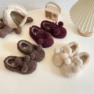 Children's Warm Fleece Lined Slip-On Cotton Shoes Girls Korean Style Pom-Pom Bow Plush Slippers Indoor House Shoes