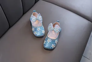 Chaussures de princesse pailletées bleu clair pour filles avec fleurs et nœuds élégants