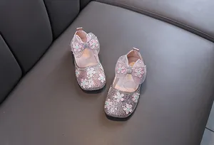 Chaussures de princesse rose pailletées pour filles avec nœuds dentelle
