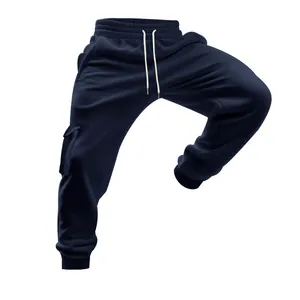 Detail von dunkelblauen, gefütterten Cargo-Jogginghosen mit Kordelzug und Bündchen am Knöchel