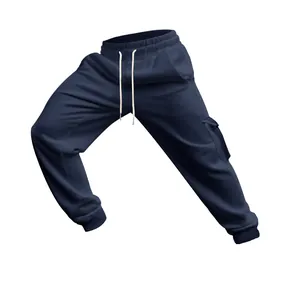 Detailansicht der dunkelblauen Herren-Cargo-Jogginghose mit elastischem Bund und Kordel.