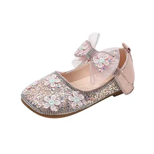 Chaussures de princesse roses à paillettes pour filles avec nœud brillant et fleurs