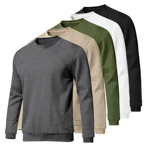 Multi-color collection of men's waffle knit long sleeve crewneck shirts in five neutral tones.