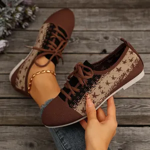 Women Fashion Flyknit Sneakers Lace Up Star Pattern Breathable Mesh Casual Flat Shoes Comfort Low Heel Walking Shoes