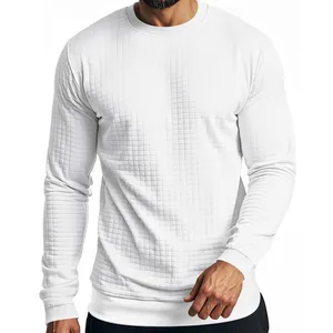 Detail view of men's white slim fit crew neck long sleeve shirt with grid texture