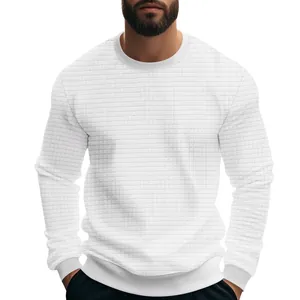 Close-up view of white long-sleeved men's sweatshirt with a detailed small grid texture