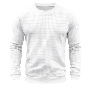 Detailed view of white checkered knit pattern on a slim fit men's long sleeve crewneck
