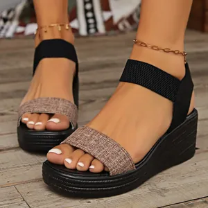 Sandali con Zeppa da Donna Platform Fascia Singola Stile Romano Tempo Libero Estate PU Trama di Lino Moda Spiaggia Sandali Rialzati