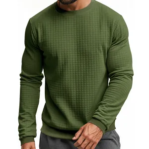 Detailed texture view of olive green waffle knit crew neck long sleeve T-shirt