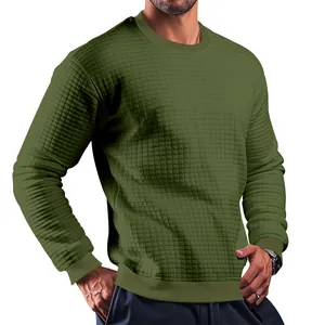 Men's olive green slim fit waffle knit long sleeve crew neck casual textured sweater