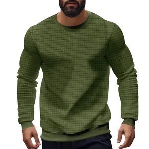Detailed view of olive green waffle knit long sleeve shirt for men with slim fit style