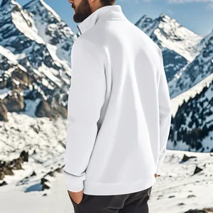Back view of a white men's quarter-zip fleece sweatshirt in a snowy mountain setting