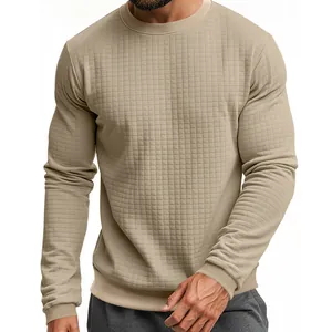 Close-up of men's slim fit crewneck sweater with textured grid pattern in beige