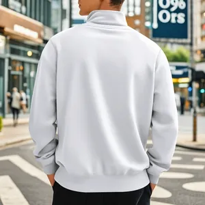 Back view of men's plain light grey stand collar fleece sweatshirt in urban street setting.