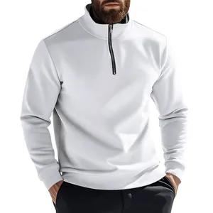Detail of white quarter-zip sweatshirt featuring a stand collar and soft fleece lining.